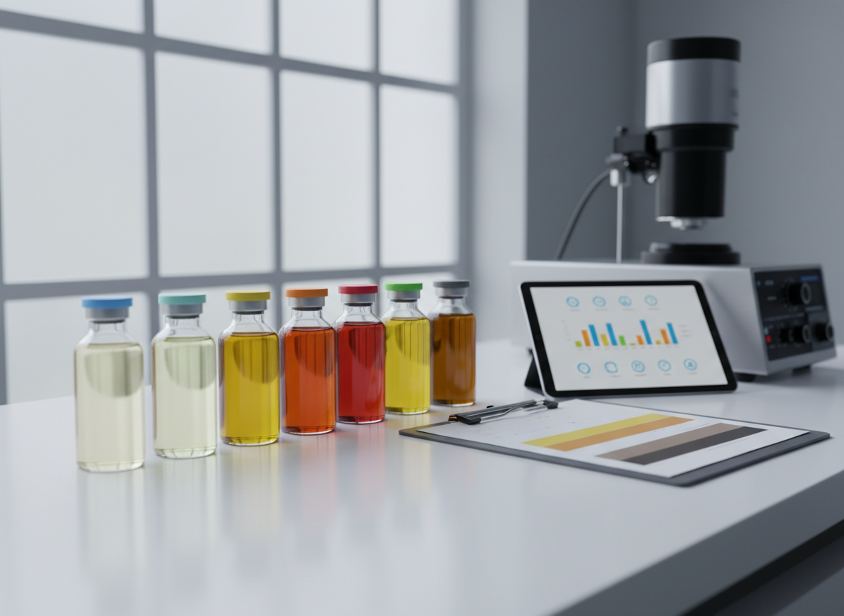 A clean white laboratory bench with a neatly arranged set of transparent sample vials filled with varying shades of mustard oil, from pale yellow to rich amber, each capped with different colored lids. Beside them sit a modern benchtop spectrometer, a digital tablet showing simple, icon-based charts, and a clipboard with color-block graphics, all intentionally text-free. Cool, diffused light from a large frosted window illuminates the scene, creating soft reflections on glass and metal. Photographic realism, shot from a slightly elevated, three-quarter angle with sharp focus, conveys scientific rigor, independent verification, and a calm, professional mood.